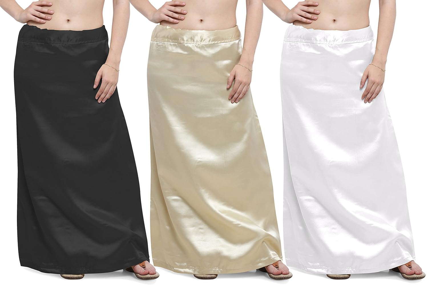 ziya combo of black khaki white premium satin petticoat with attached cotton inner