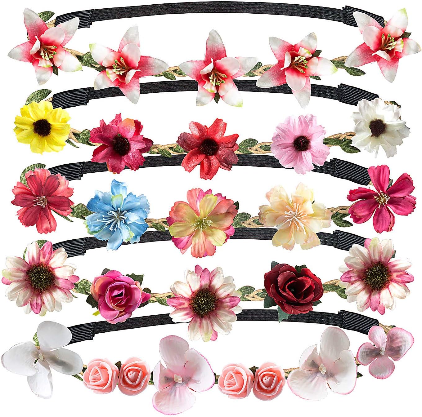 Jolintek Flower Crown-5pcs Boho Flower Headband Headband Hair Band Hawaiian Headband Multi Color Lady Girl Fashion Hair Garland for Wedding Festival Party
