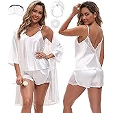 EPLAZA 3 Pcs Silk Pajamas for Women Satin Pajama Set Sexy Lace V-neck Cami Top Shorts Pjs Set with Robe Sleepwear