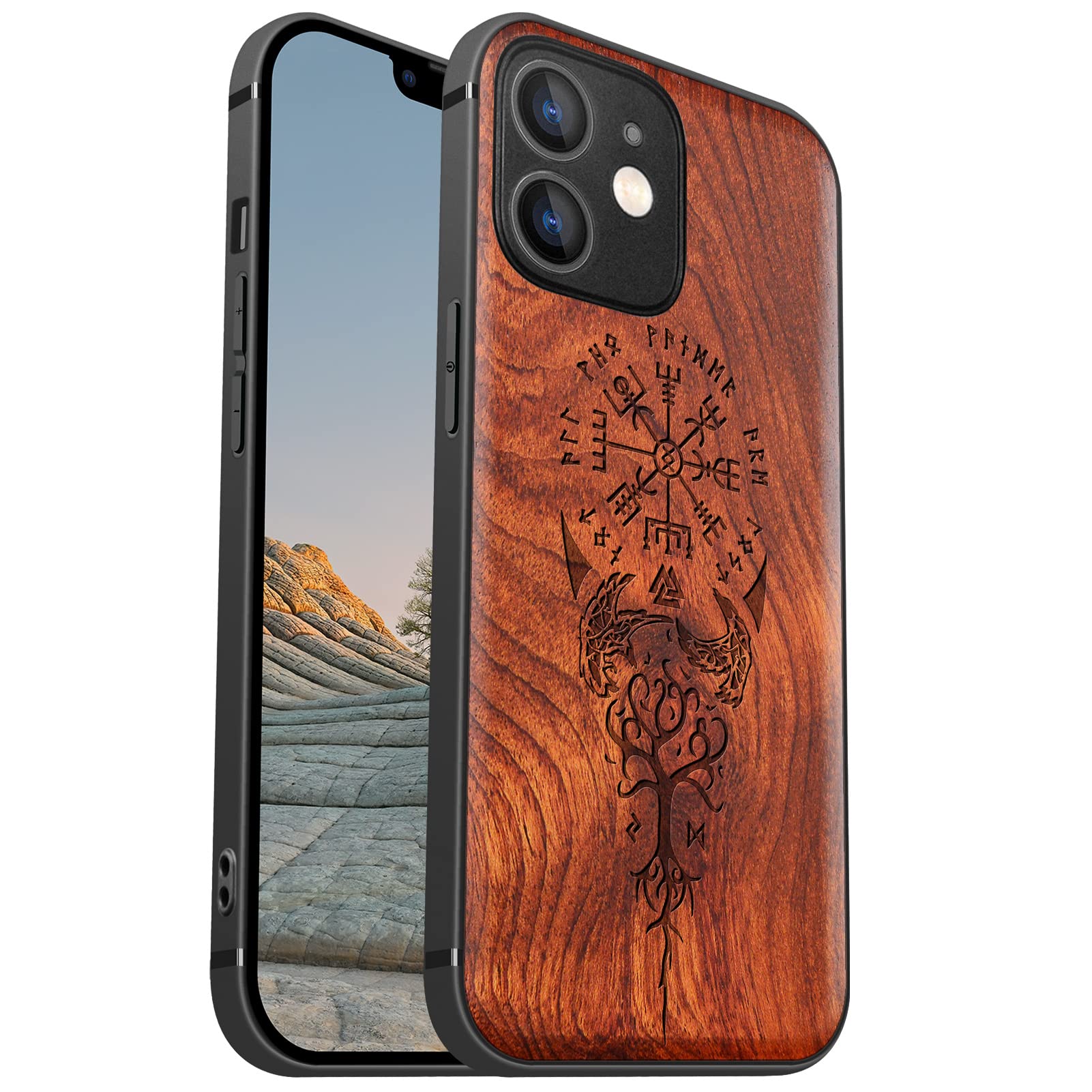 Carveit Magnetic Wood Case for iPhone 12 Mini Case [Hard Real Wood & Soft TPU] Shockproof Hybrid Protective Cover Unique & Classy Wooden Case Compatible with MagSafe (Viking Compass Vegvisir-Rosewood)