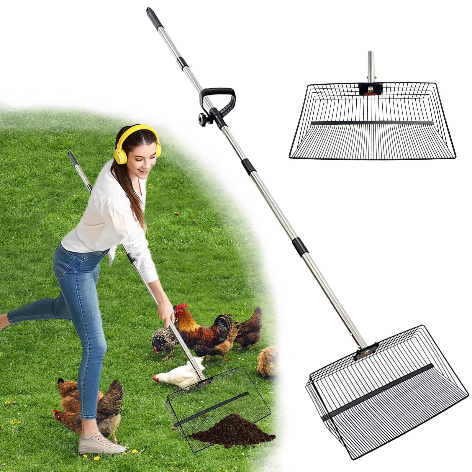 Photo 1 of 15inch Large Metal Chicken Poop Scooper for Sand, Chicken Pooper Scooper with 39 to 76" Adjustable Stainless Steel Handle, Litter Scooper Sand Sifting Shovel for Dogs, Cats, Chicken Coop Accessories