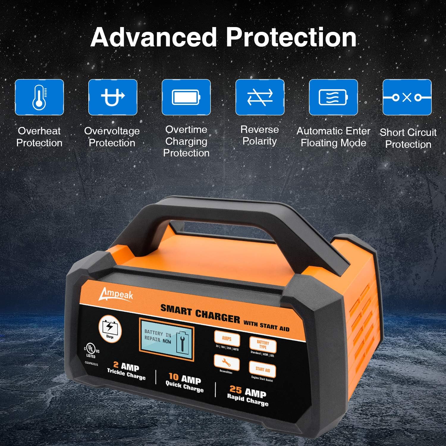 Ampeak 2/10/25A Smart Battery Charger/Maintainer 12V Fully Automatic with Engine Start: Automotive
