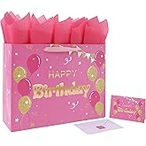 16.5" Extra Large Pink Happy Birthday Gift Bag Set with Handles, Greeting Card, Tissue Papers and Stickers for Women Girls, Balloons Design, 1 Pcs