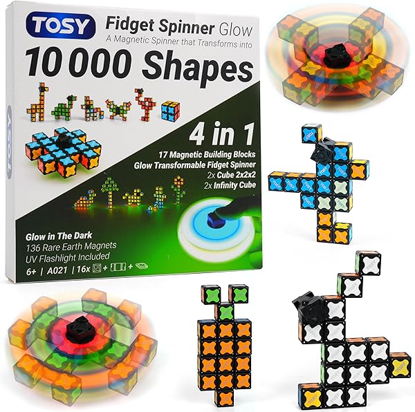 TOSY Magnet Fidget Spinner Glow – 16 Bausteine, 3-in-1: verwandelbarer Fidget-Spinner, Infinity-/Puzzlewürfel, Leuchtend, Ostergeschenk für Kinder/Erwachsene, STEM-Sensorik Anti-Stress Spielzeug
