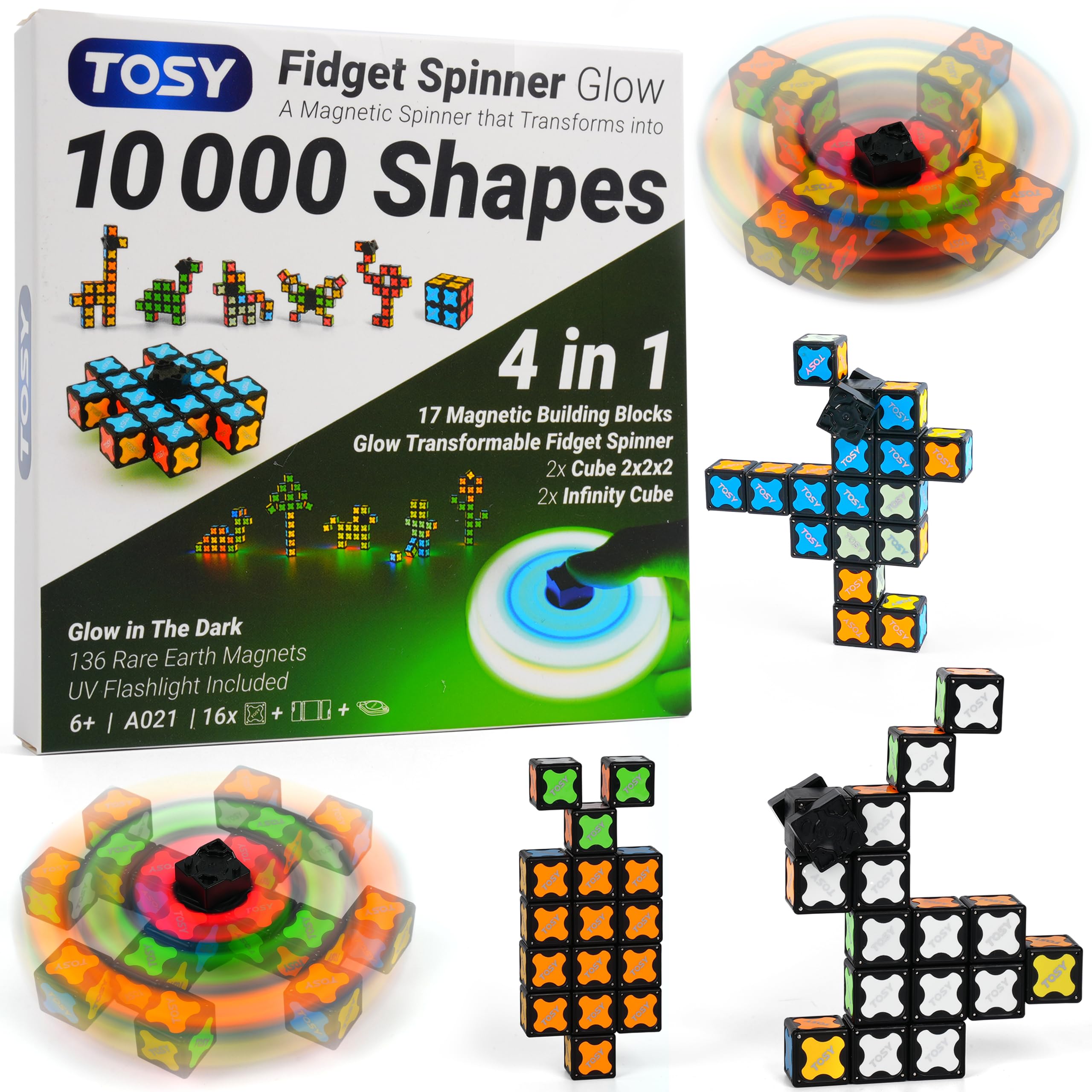 TOSY Magnet Fidget Spinner Glow - 16 blocks, 3in1 Toy: Transformable Fidget Spinner, Infinity/Puzzle Cube, Easter Birthday Gift for Kids/Adults, Glowing STEM Sensory Stress Relief