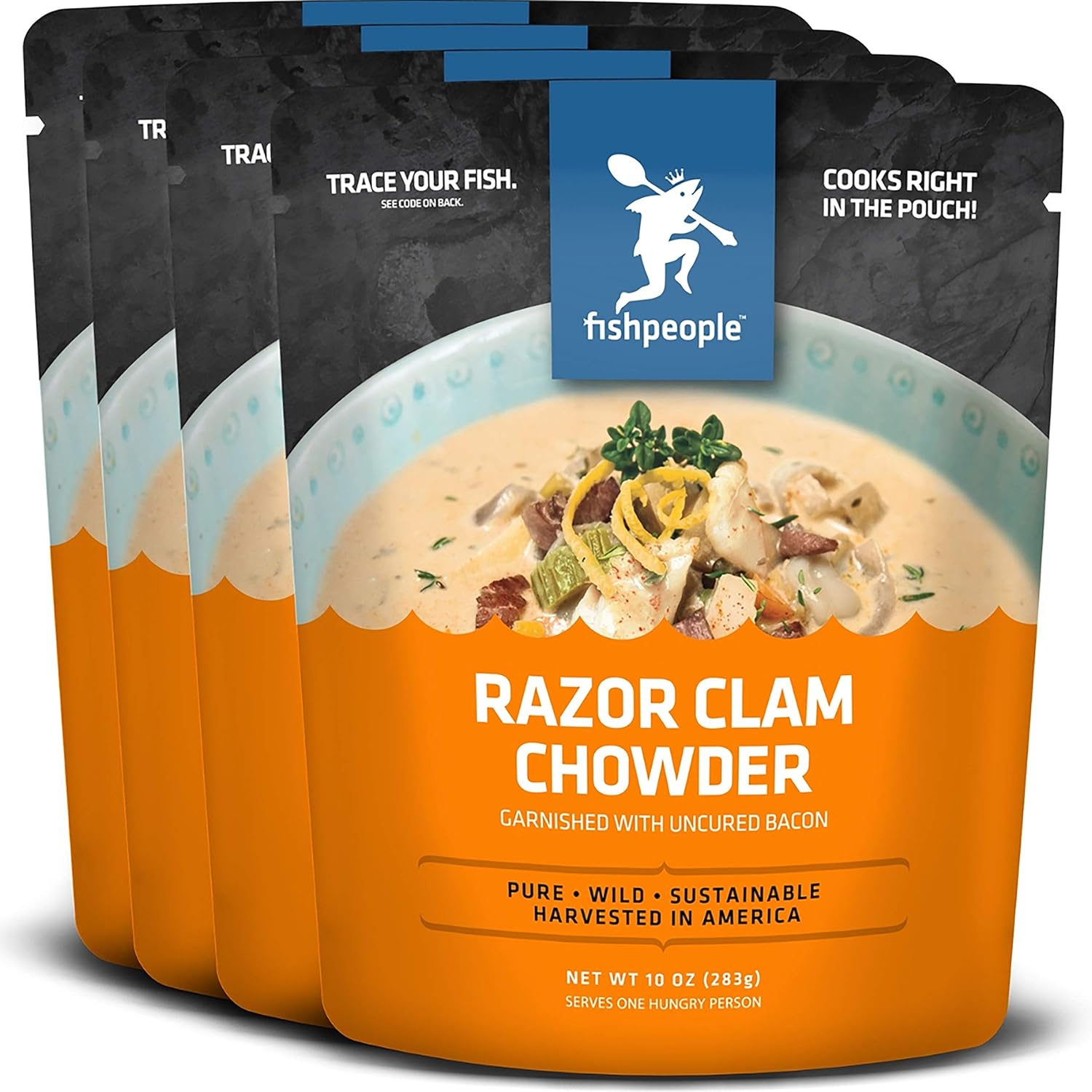 Fishpeople Razor Clam Chowder Garnished with Uncured Bacon, 10 ounce (4 pack), Microwaveable, Gluten-Free, 12g protein, BPA-free. Ready to Eat Wild-Caught Sustainable Seafood Soup