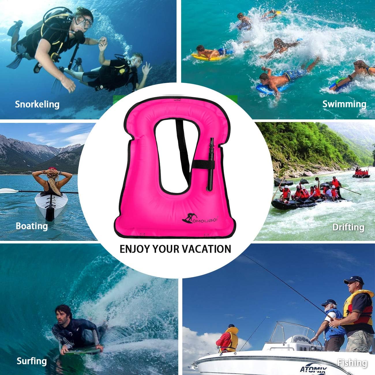 OMOUBOI Inflatable Snorkel Vest for Adults Women Men, Snorkeling Jackets Vests with Crotch Strap for Snorkeling Swimming Paddling Boating Water Sports Beginner Adults-Only 88-180 lbs (Pink): Sports & Outdoors