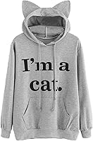 Romwe Women's Long Sleeve Kangaroo Pockets Slogan Letter Print Cute Cat Ear Pullover Hoodie