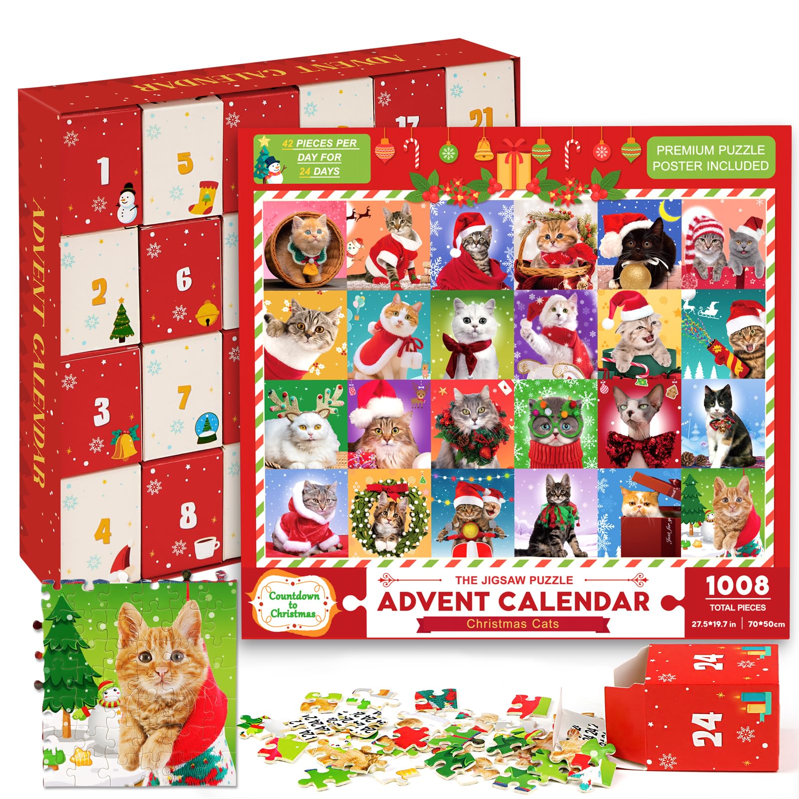 Advent Calendar 2025 - Christmas Cat Jigsaw Puzzles 1008 Pieces Advent Jigsaw for Kids and Adults, 24 Boxes Christmas Countdown Calendar Christmas Puzzle Gift for Him Her