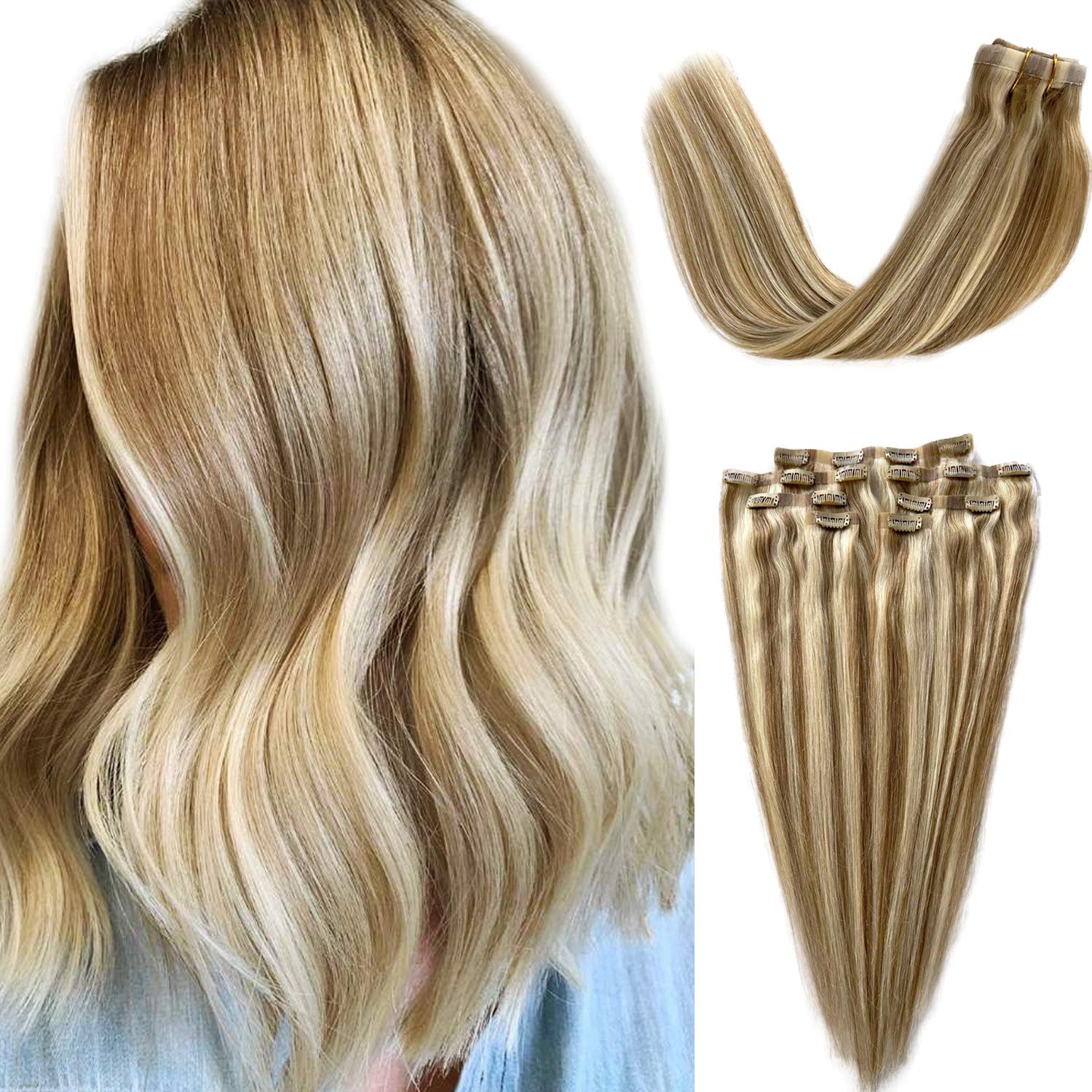 Remy Clip in Hair Extensions Ash Blonde with Blonde Highlights Straight Human Hair 7 PCS Invisible Skin Weft Real Hair Extensions Seamless Clip on Weft Hair for Women 100 Gram 16 Inch