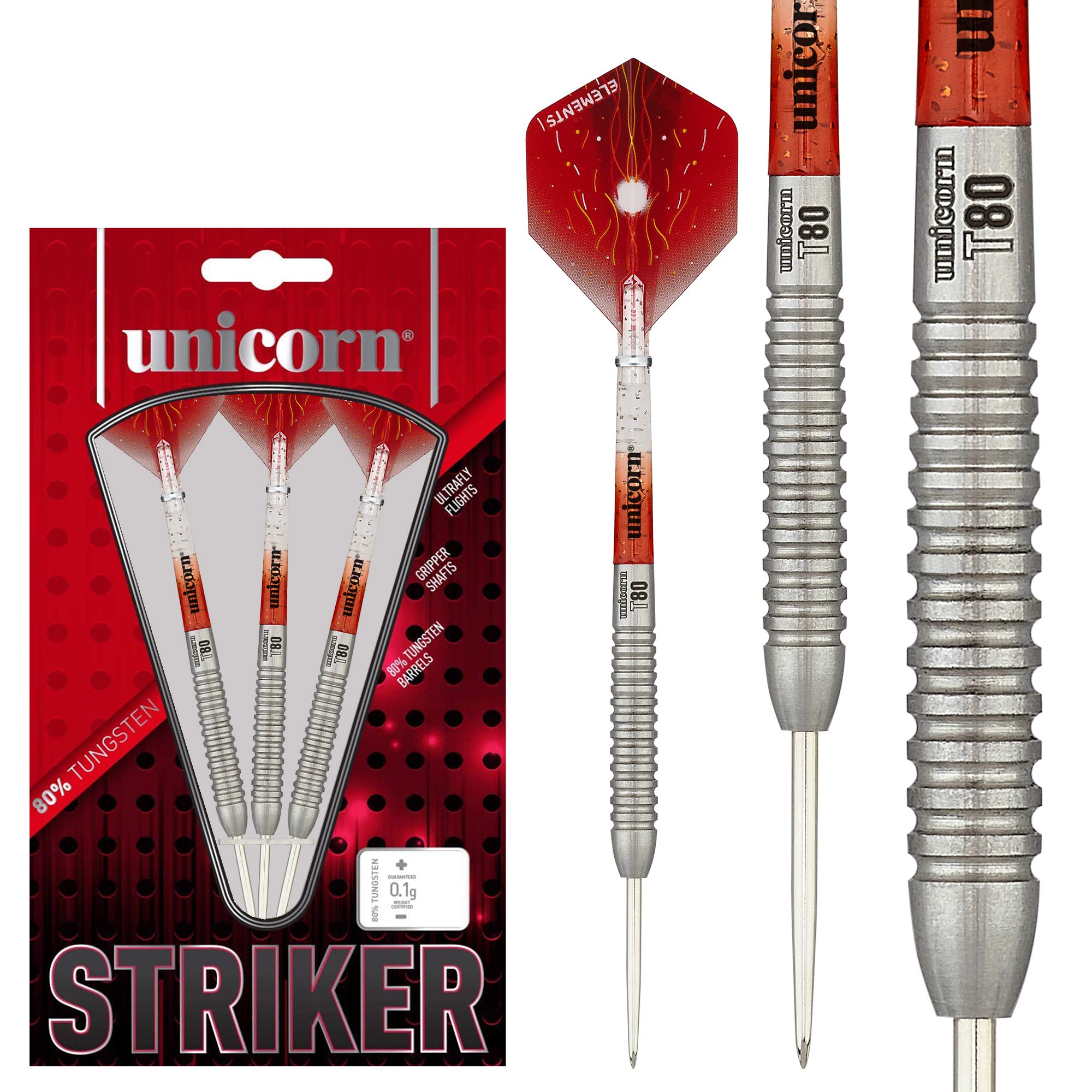 Unicorn Steel Tip Professional Darts Set | Core Striker Series Style 2 | 80% Natural Tungsten Barrels | 21 g