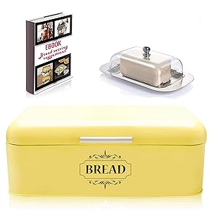 Vintage Bread Box For Kitchen Stainless Steel Metal in Retro Yellow + FREE Butter Dish + FREE Bread Serving Suggestions eBook 16.5" x 9" x 6.5" Large Bread Bin storage by All-Green Products