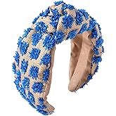 ZITULRY Women's Boho Wide Knotted Rattan Woven Headbands with Pom Pom Hair Hoop - Summer Beach Party Hair Accessories (Raffia Hairband Bule)