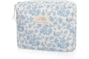 GOSECT Makeup Bag Quilted Makeup Bags, Floral Cosmetic Bag for Women, Cute Cotton Makeup Bag, Flower Travel Toiletry Organizer Bag (Blue Floral)