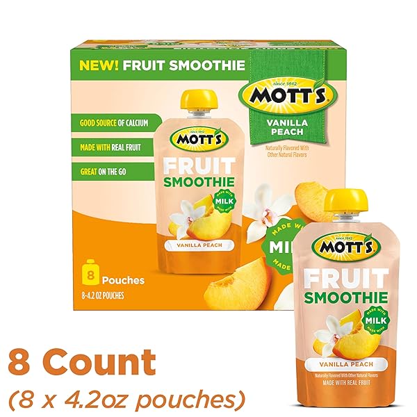MOTT’S FRUIT SMOOTHIES VANILLA PEACH, 4.2 OZ CLEAR POUCHES, 8 PACK, MADE WITH MILK, MADE WITH REAL FRUIT, GOOD SOURCE OF CALCIUM, ON-THE-GO