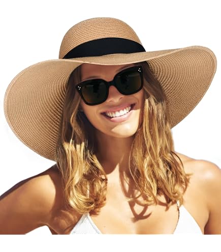 Adrinfly Chapeau de paille pliable à large bord pour femme - Accessoire de plage - Protection UV UPF 50 , kaki