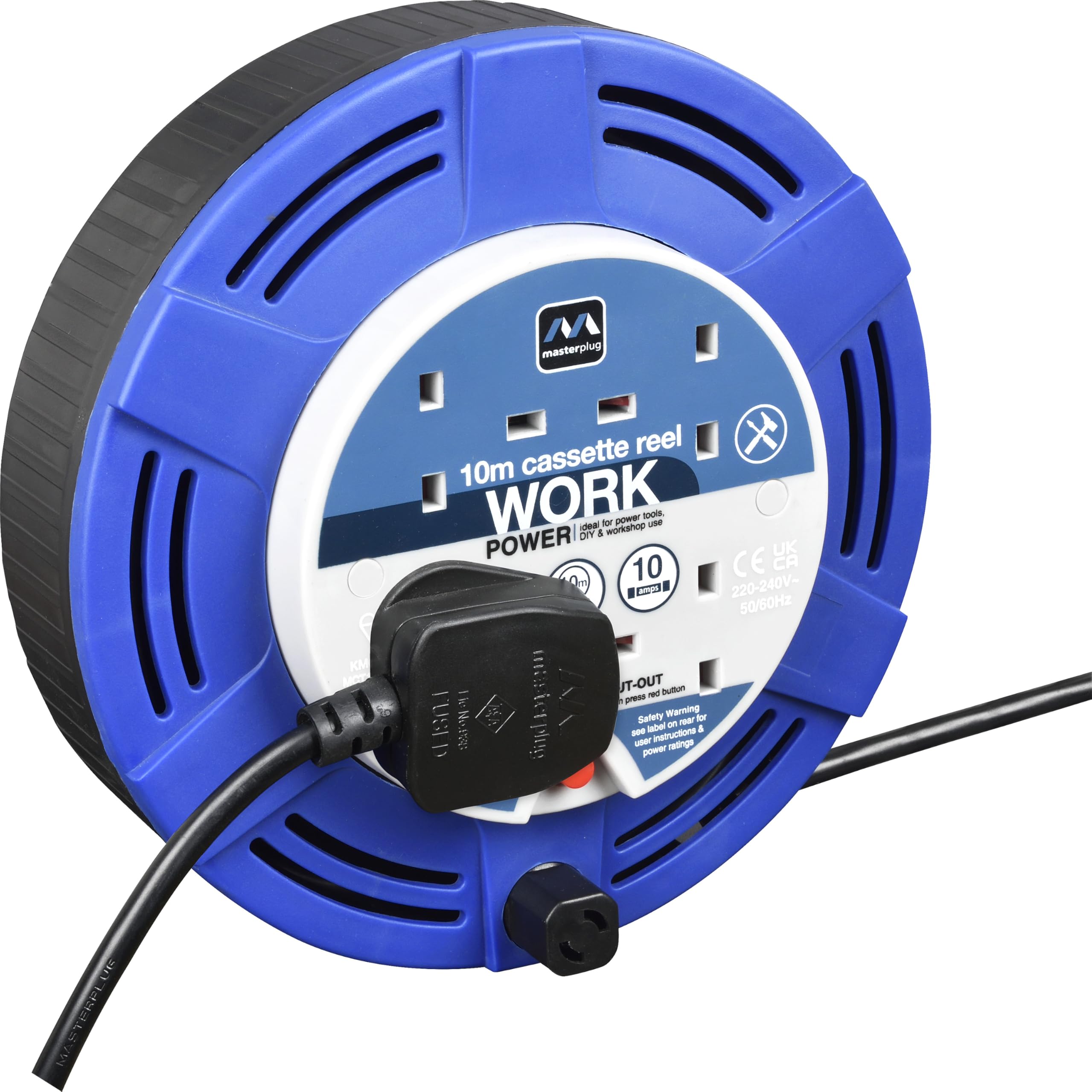 Masterplug Four Socket, 10 Metre Cassette Reel, Medium Extension Lead Cable Reel, Wind-Up Retractable Power Cord Reel, Thermal Cut Out, Work Power, Blue/Black, 10A, 4G, 10m, MCT1010/4BL — image 1