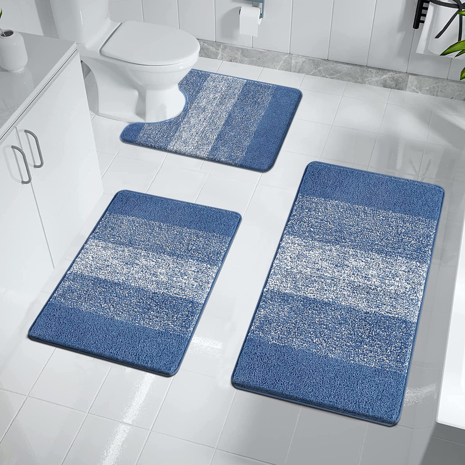Enyhom Microfiber 3 Piece Bath Mat Sets Non Slip Bath Rugs and Pedestal Mats for Bathroom Washable Absorbent Bathroom Floor Carpet Rug Toilet Rug, Blue