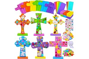 Winlyn 18 Sets Easter Cross Decorations Craft Kits Assorted Cross Foam Cutouts Egg Bunny Chick Foam Stickers Pom-poms for Kids Classroom Sunday School VBS Activity Art Project
