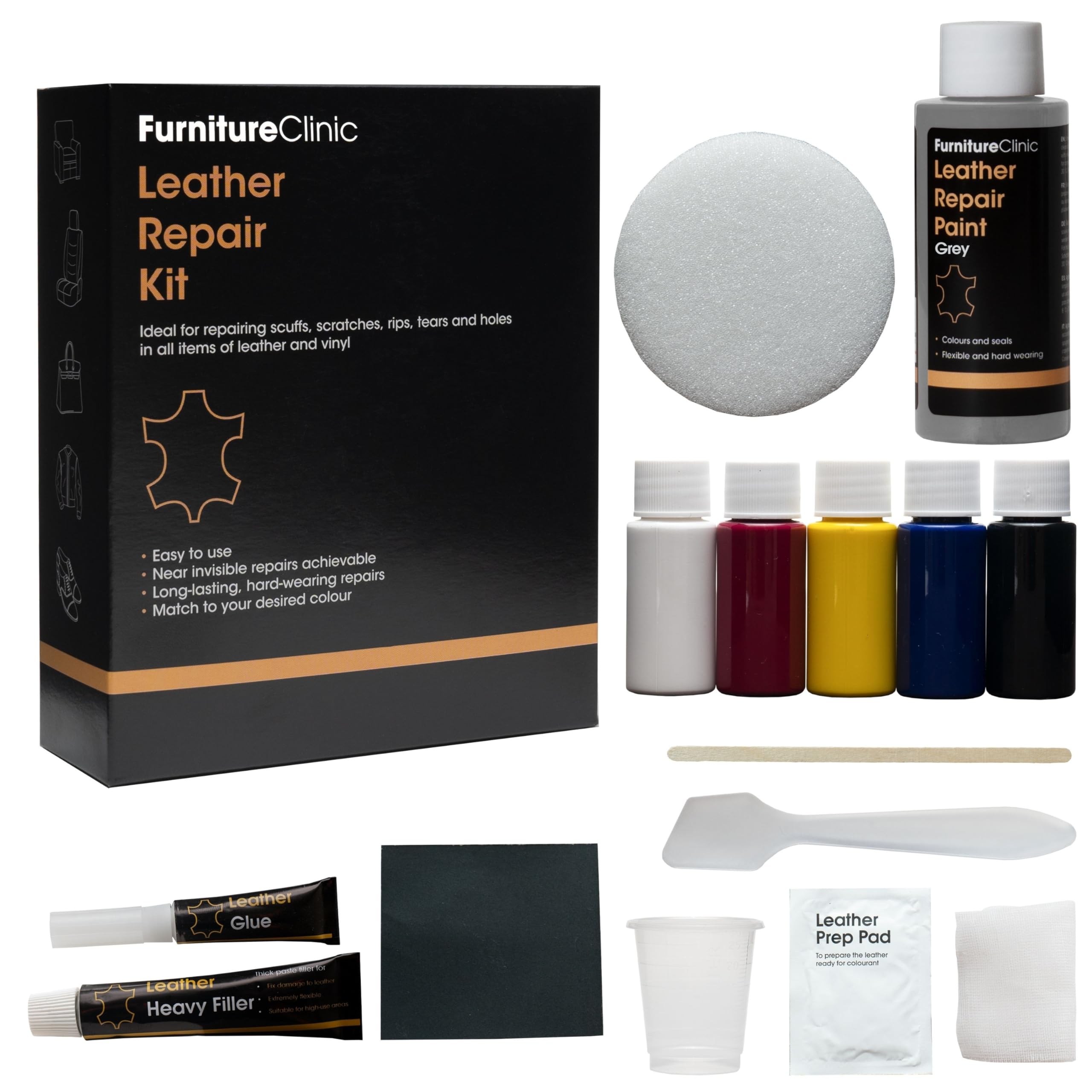 Furniture Clinic Complete Leather Repair Kit (Grey) -12 Colour Options for Sofas, Car Seats - Matches All Shades of Leather - Patch, Fill & Touch up Scratches, tears and Other Damaged Areas โ image 1