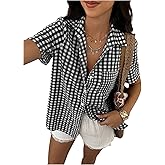 SweatyRocks Women's Short Sleeve Gingham Plaid Button Down Lapel Collar Blouse Summer Shirts