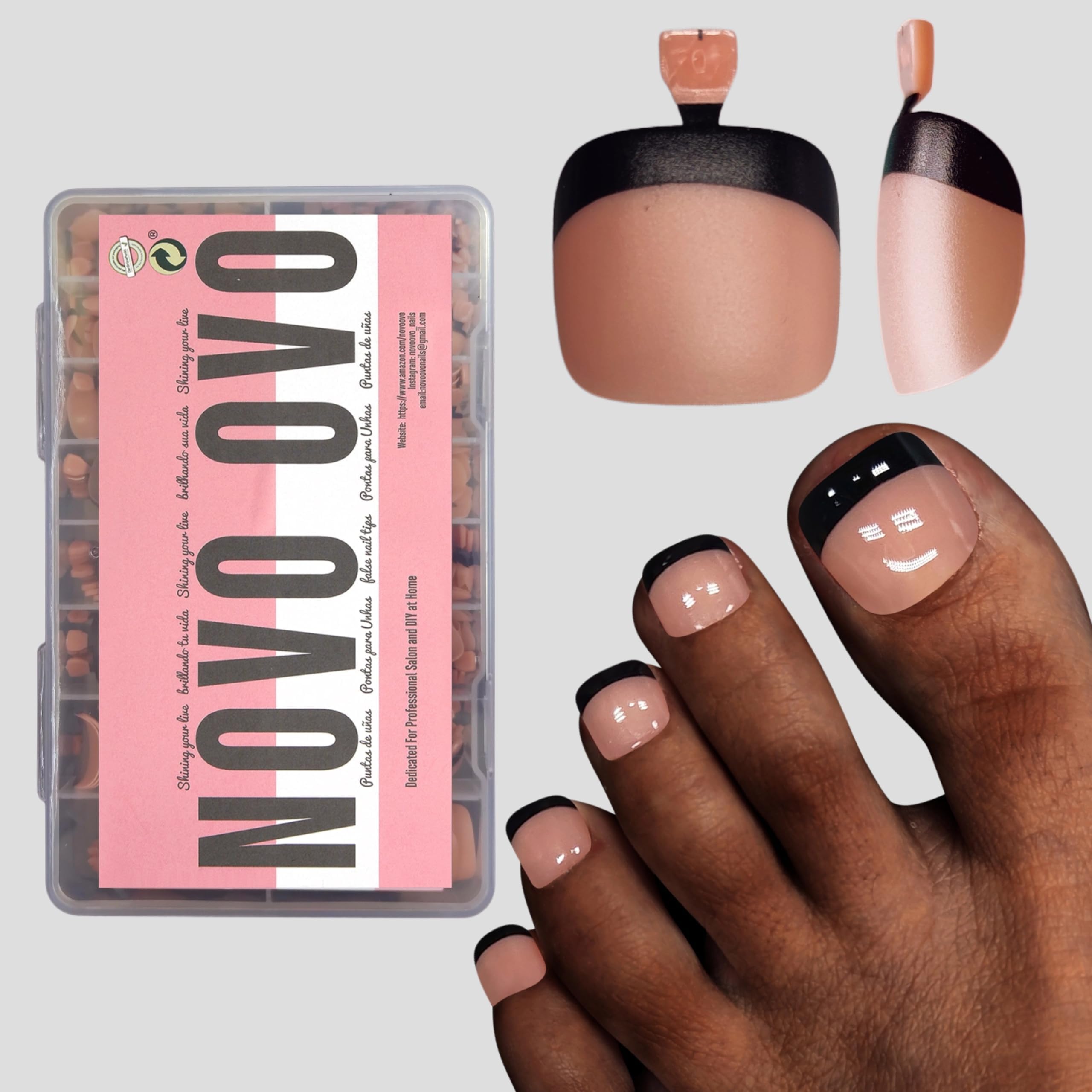NOVO OVO Halloween Black French Tip Toe Nail Tips Press on, Soft Gel Toenail Extension, ORANGE PINK Square Round Pre-applied Tip Primer & Base Coat, Full Cover Matte Nails for DIY x 15 Sizes 360Pcs — image 1