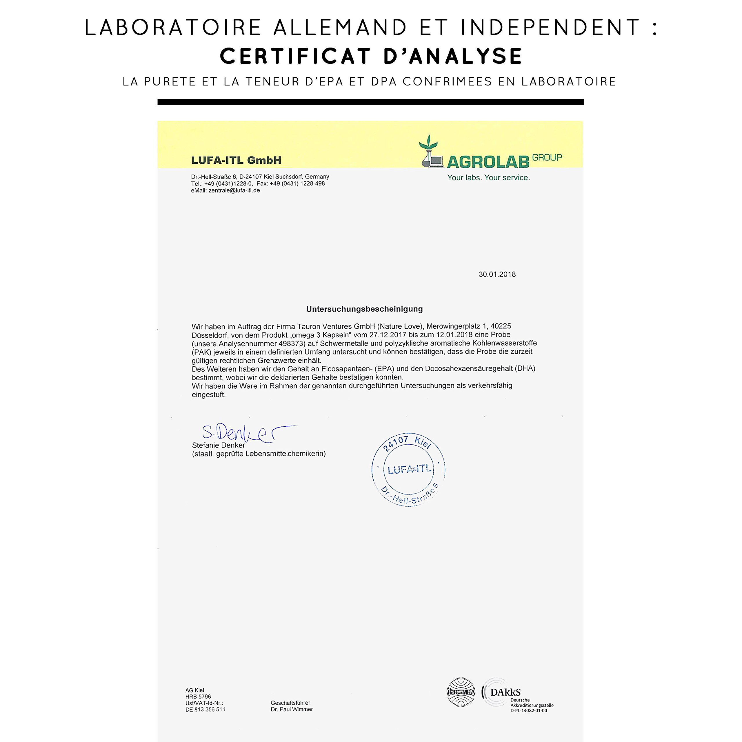 Capsules d\'huile d\'algues Omega 3 vegan - Qualité supérieure : végétales à base d\'huile d\'algues. 120 petites Oméga 3 gélules, faciles à avaler. Contient des acides gras EPA & DHA. Complément alimentaire de Nature Love