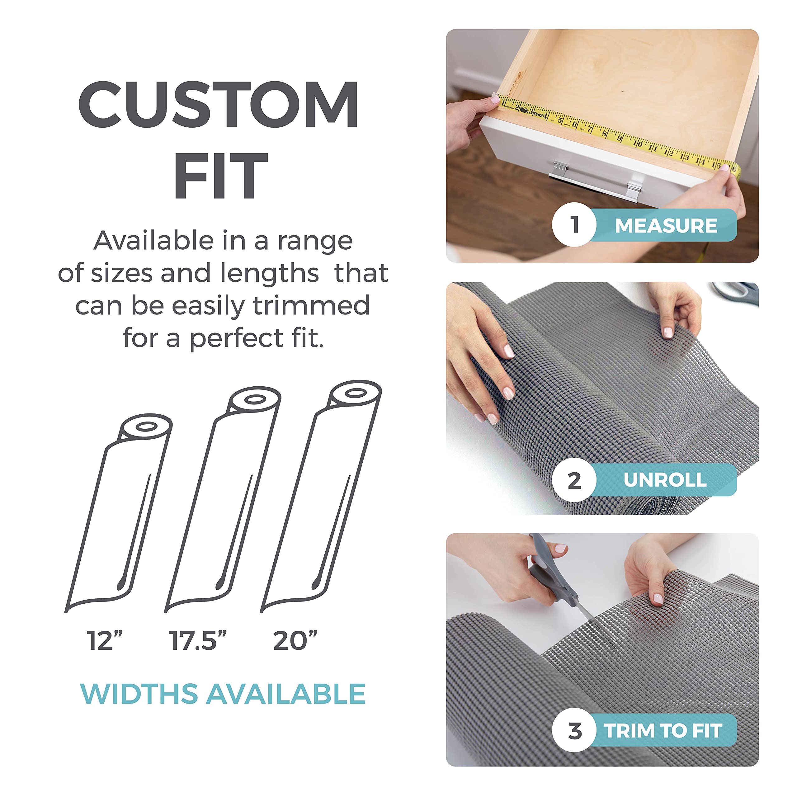HOME GENIE Shelf Drawer and Cabinet Liner, Durable with Strong Grip, 12 in x 20 FT, Non Adhesive Liners Protect Kitchen Cabinets and Cupboard, Pantry, Bathroom Drawers and Shelves, Desks, Soft Gray