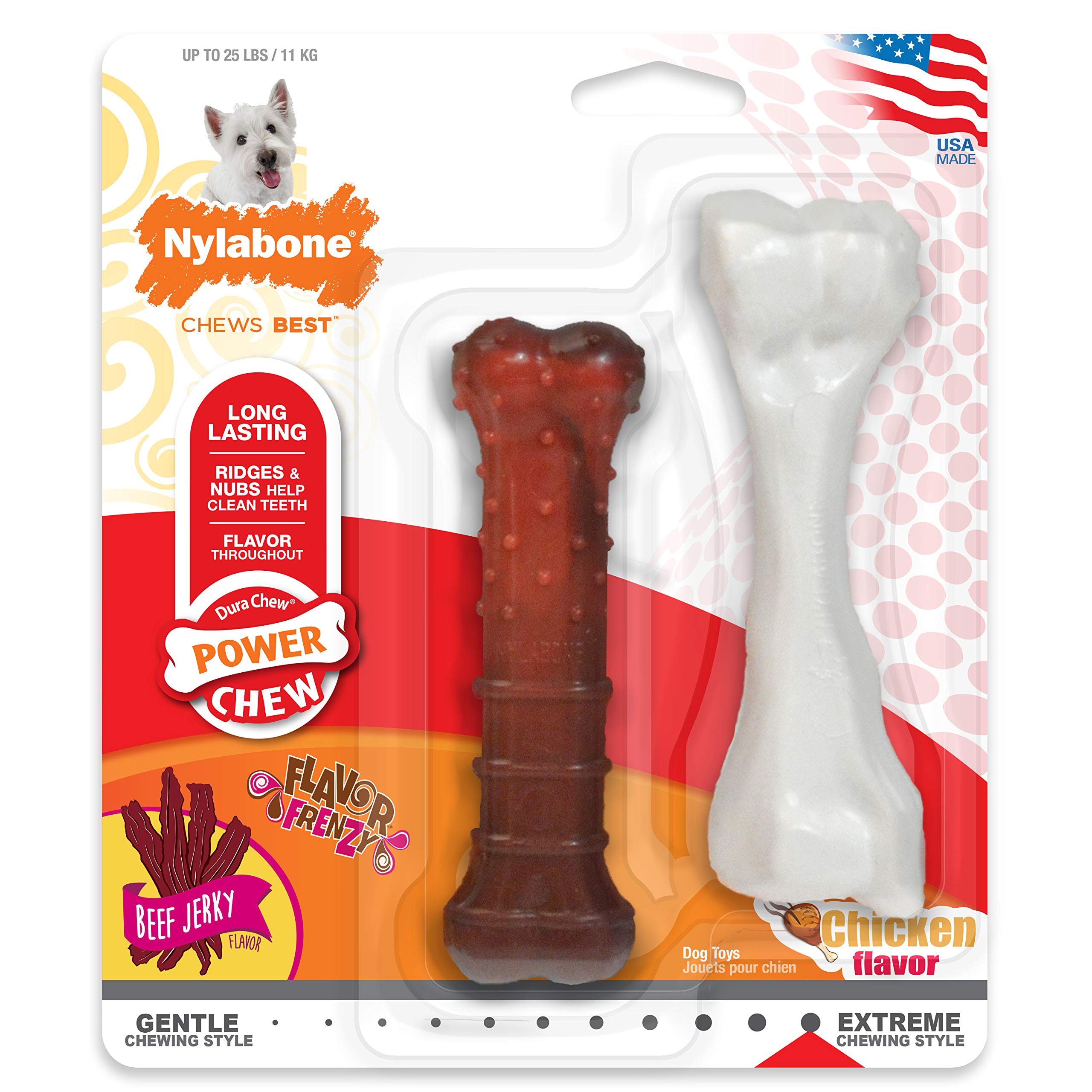 Nylabone Power Chew Durable Dog Chew Toys Twin Pack Beef Jerky & Chicken Flavours Small, for Dogs up to 11kg