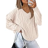 Trendy Queen Oversized Cable Knit Sweaters for Women 2026 Cozy Pullover Knit Fall Outfits V Neck Cute Winter Clothing
