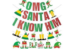 MACLNTYRE OMG Santa I Know Him Christmas Banner, Buddy The Elf Christmas Party Decorations Includes Red Green Glitter Elf Christmas Banner, Buddy The Elf Garland and ChristmasElf Decorations Hanging Swirls, Elf Christmas Party Supplies