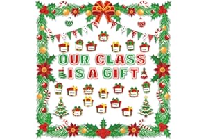 KMCCUMBER Christmas Bulletin Board Decorations Set, 77 Pcs Christmas Boxes Cutouts with Xmas Tree Pennant Cards Christmas Bulletin Board Classroom Decorations for Xmas Party School Wall Door Decor