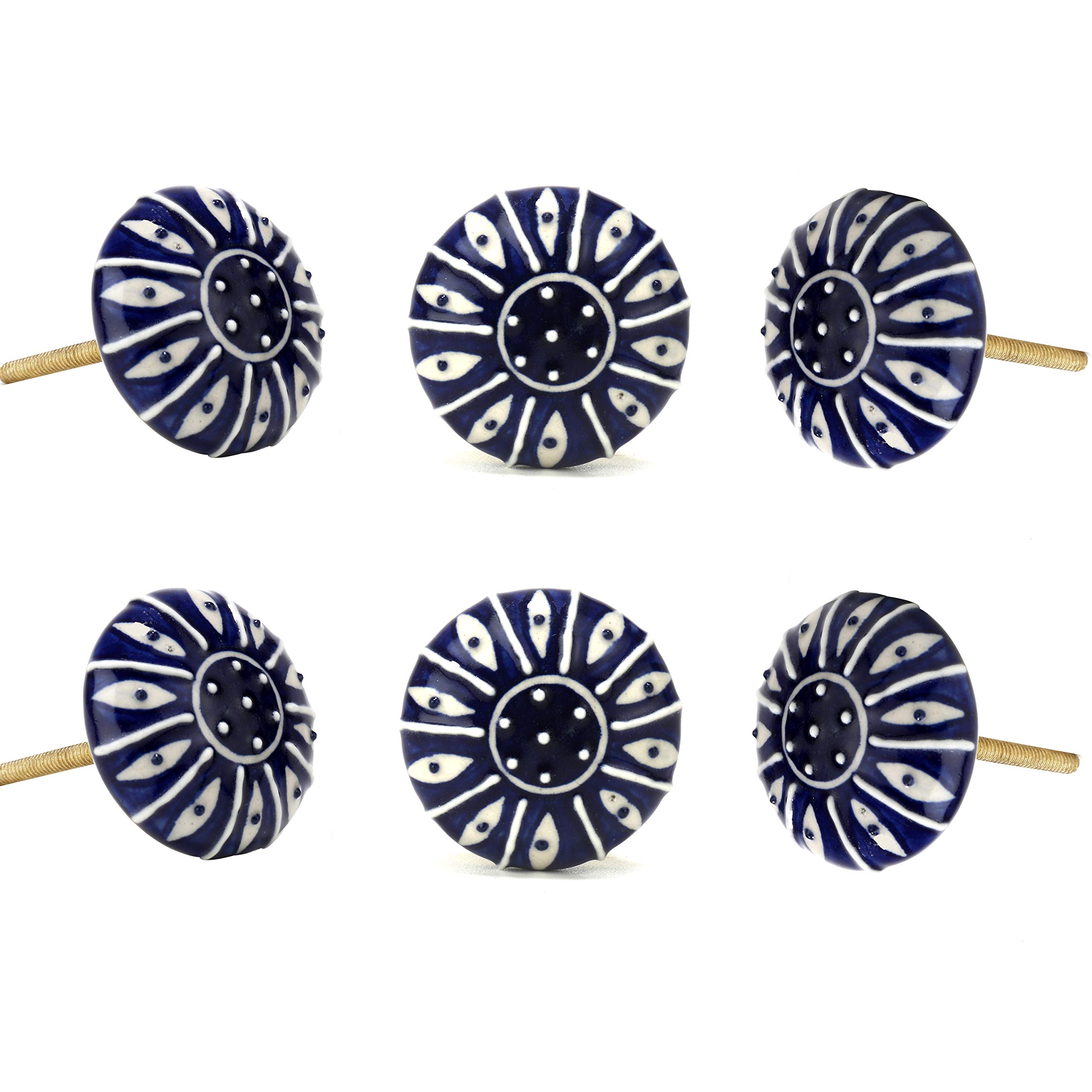 Perilla Home Blue Design Printed Ceramic Knob Set of 6 Vintage Kitchen Cabinet Cupboard Door Knobs Dresser Furniture Drawer Pull