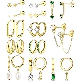 YADOCA 13Pairs Gold Earrings Stacks for Women Dainty Huggie Hoop Earrings Hypoallergenic 14k Gold Plated Flat Back Stud Cartilage Earring Sets for Multiple Piercing Pack