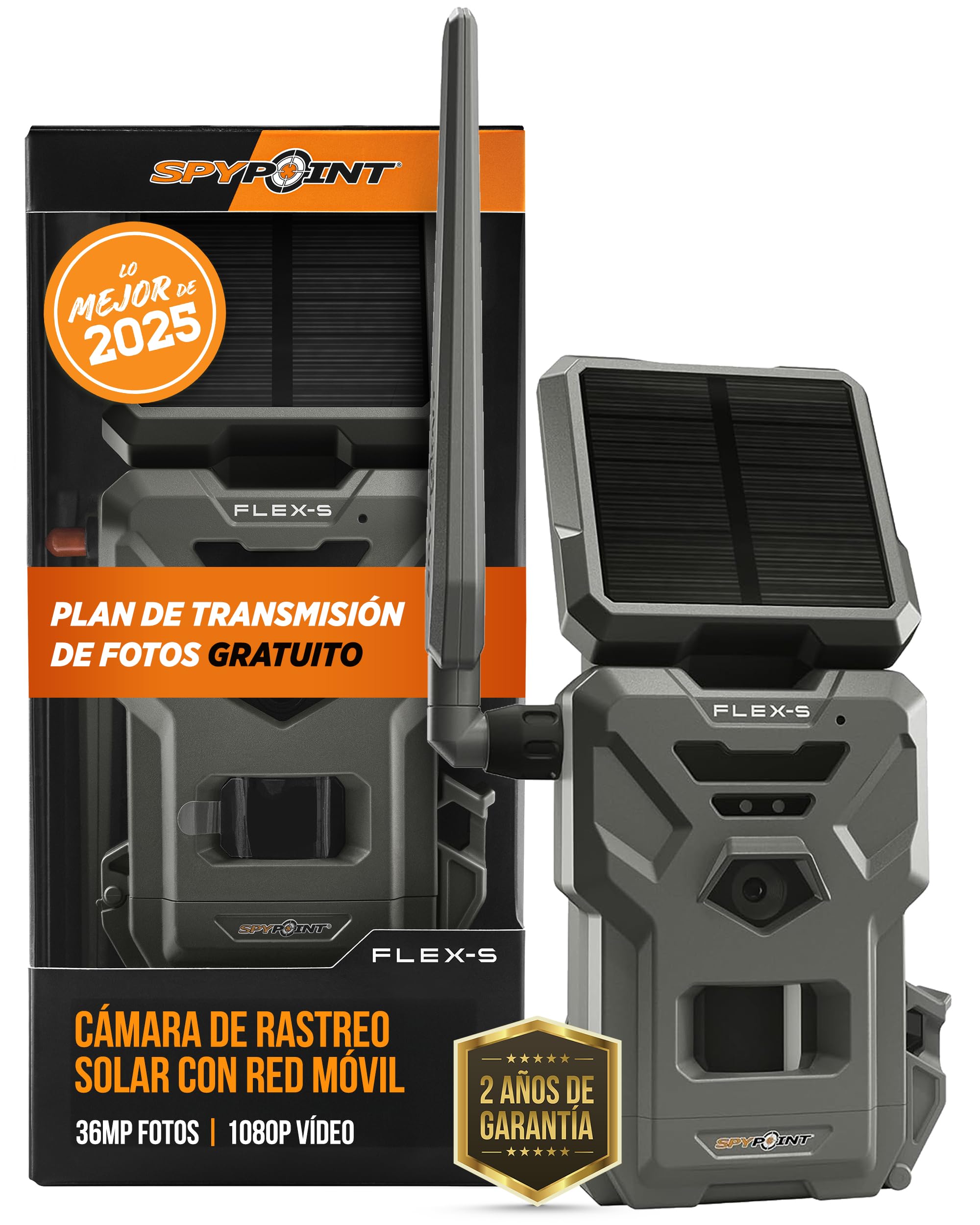 Spypoint FLEX-S Solar Outdoor Cellular Camera - Integrated Solar Panel, No WiFi Needed, Night Vision Motion Activated, LTE Connectivity, 36MP Photos, 1080p Videos + Sound