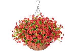 Ivydale Artificial Fake Red Hanging Plants Flowers Basket for Outdoor Outside Fall Winter Christmas Decor, Faux Silk Realistic UV Resistant Mums Daisy for Home Porch Patio Balcony Yard