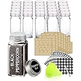 SWOMMOLY 25 Glass Spice Jars with 713 Spice Labels, Chalk Marker and Funnel Complete Set. 25 Square Glass Jars 4OZ, Airtight 