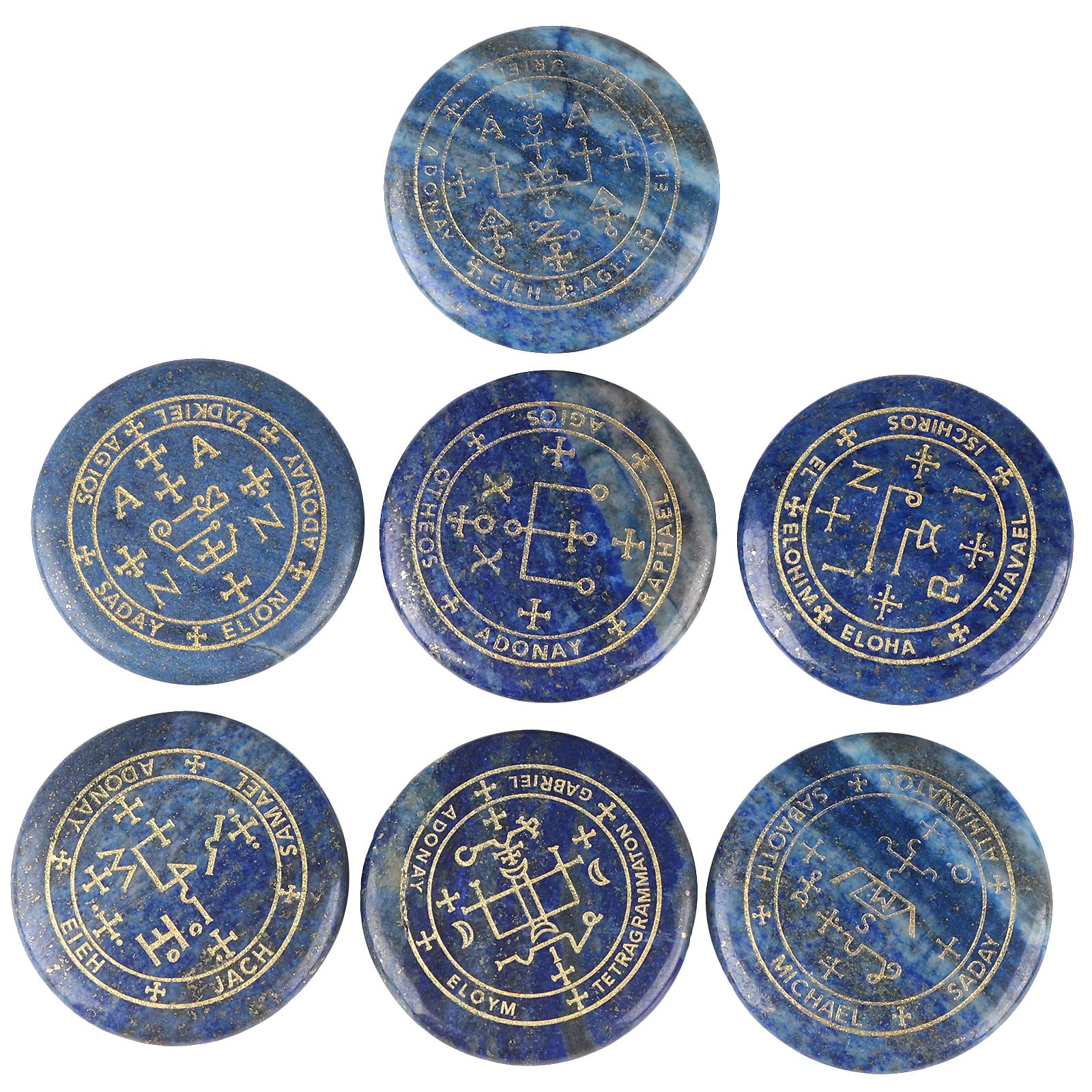 mookaitedecor 7pcs Lapis Lazuli Crystals Healing Crystal Grid Set with Engraved Magic Archangel Sigils Symbols for Meditation Pocket Palm Stones Spiritual Crystal Set Witchcraft Witch Gifts Decor