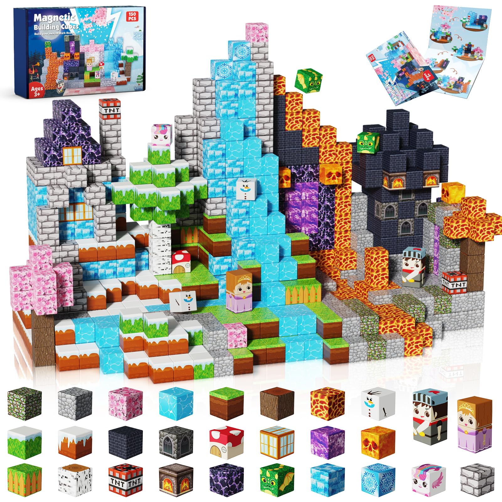Magnetic Blocks - 150PCS Magnetic Building Block Cubes Dark Forest Glacier Castle, Magnet Toy Building Sets for Kids Age 3+, STEM Stacking Construction Toys Easter Gift for Boys Girls Age 4-8, 8-12 Image