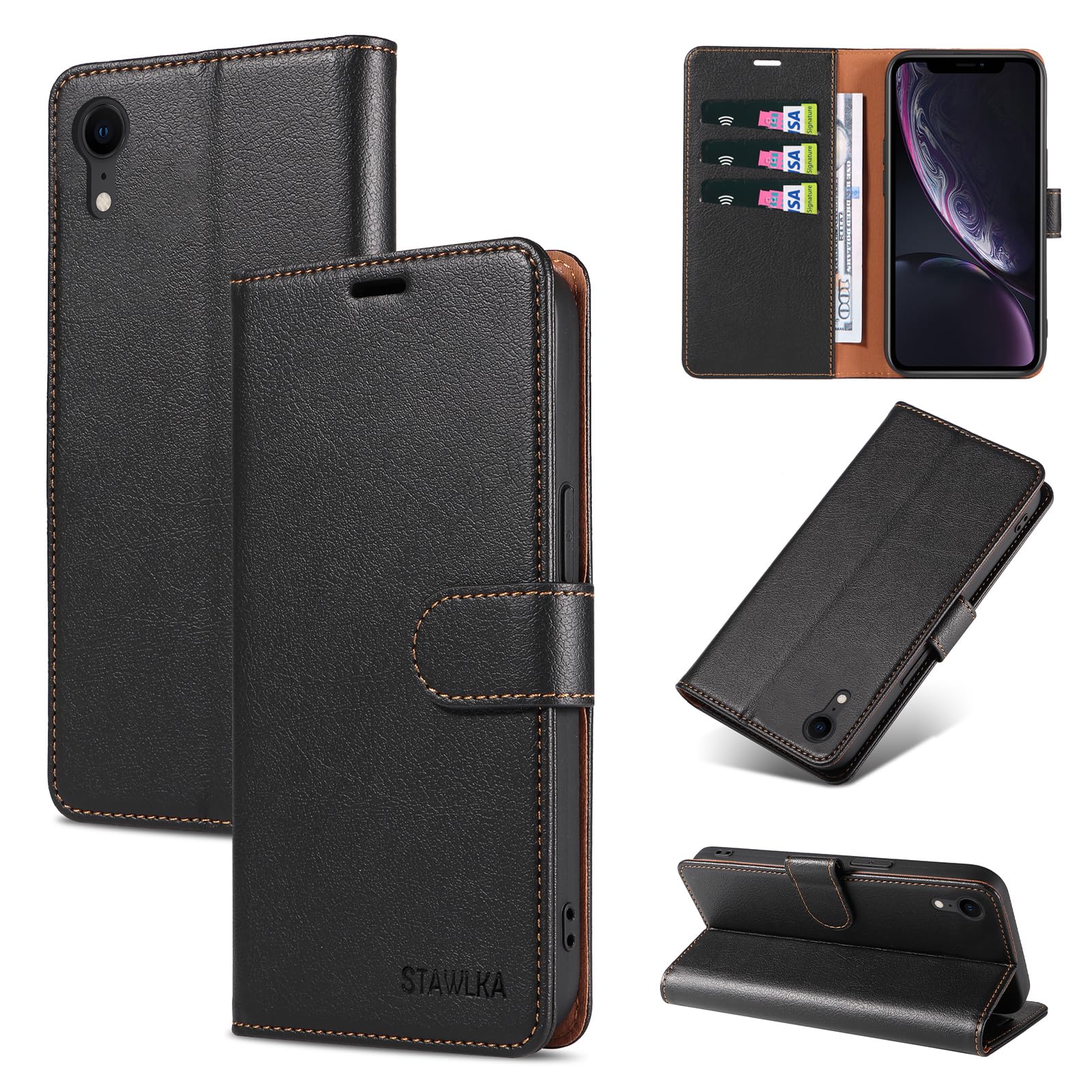 STAWLKA Case for iPhone XR, Premium PU Leather Flip Magnetic Buckle Wallet Case Kickstand Blocking RFID Shockproof Protective Phone Cover for iPhone XR - Black