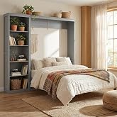 Merax Space-Saving Gray Murphy Bed Queen Size with Adjustable Storage Shelves, Multifunctional Foldable Wall Bed for Small Spaces Studio Study Office Guest Room