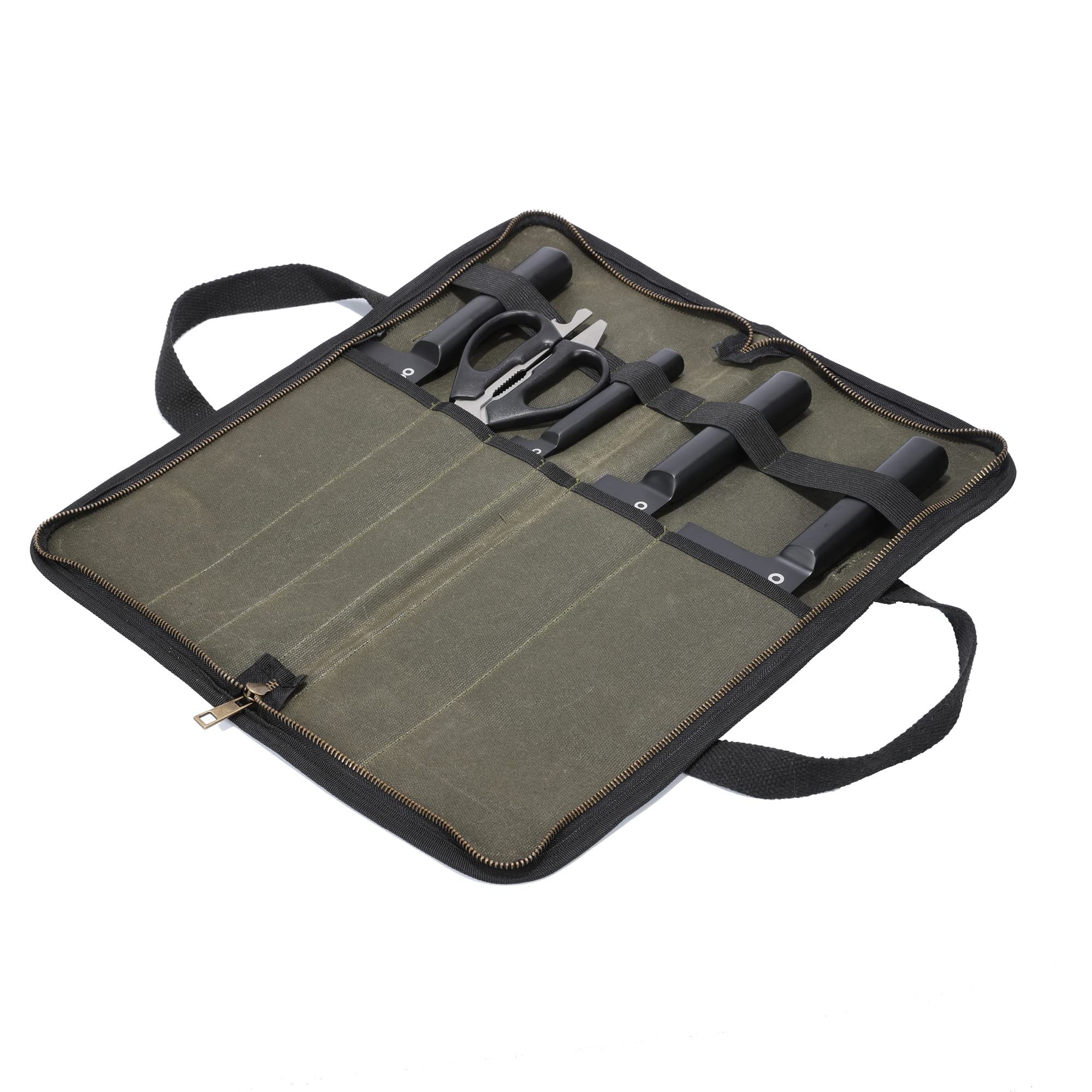 Kaaltisy Chef's Storage Bag, Knife Bag for Camping Hiking Multifunctional Tool Roll Bag, 16oz Waxed Canvas Knife Roll Bag - Army Green