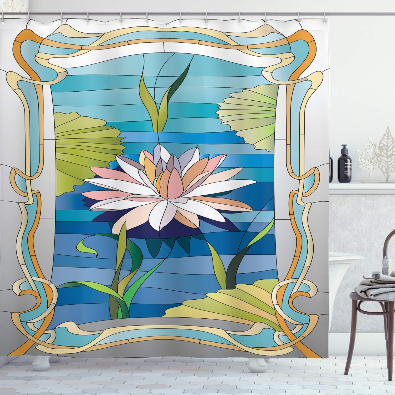 ABAKUHAUS Art Nouveau Shower Curtain, Lotus on the Water Baroque Avant Garde Classic Architecture Pattern, Cloth Fabric Bathroom Decor Set with Hooks, 94 Inches, Multicolor