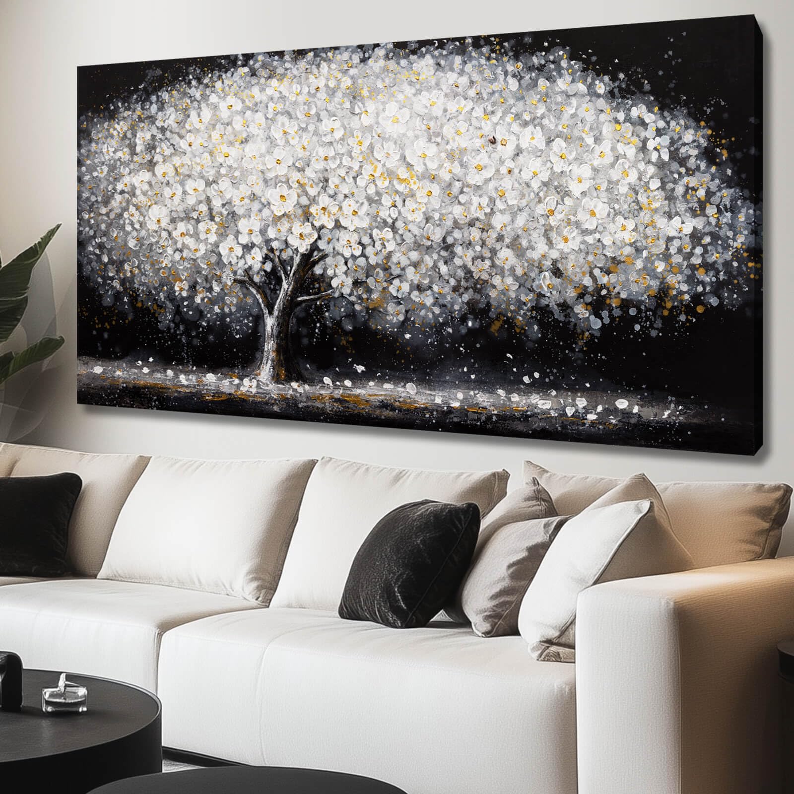 Photo 1 of NBAODAN Large Modern Artwork Black and White Tree Picture Wall Decor Canvas Wall Art for Living Room Dining Room Kitchen Bedroom 29"x58" White Floral With Gold Decorations