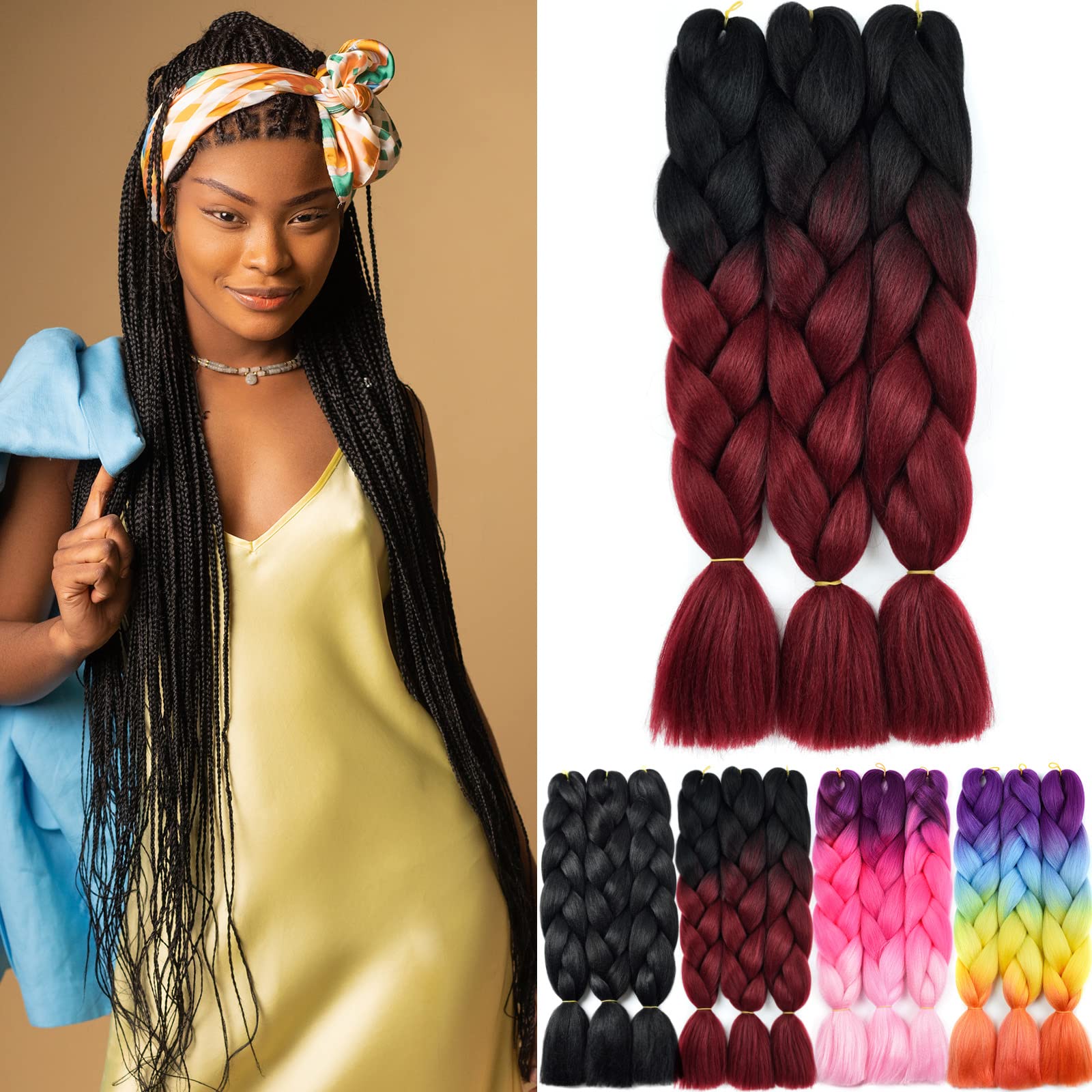 YAMEL Ombre Braiding Hair Kanekalon Synthetic Hair Extensions for Crochet Twist Box Braids 24 Inch 2 Tone Ombre Black Wine Red 3 Packs Jumbo Braiding Hair — image 1