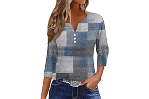 EKIYVO 3/4 Length Sleeve Womens Tops Casual Loose Fit Henley Neck T Shirts Cute Print Three Quarter Length Tunic Tops