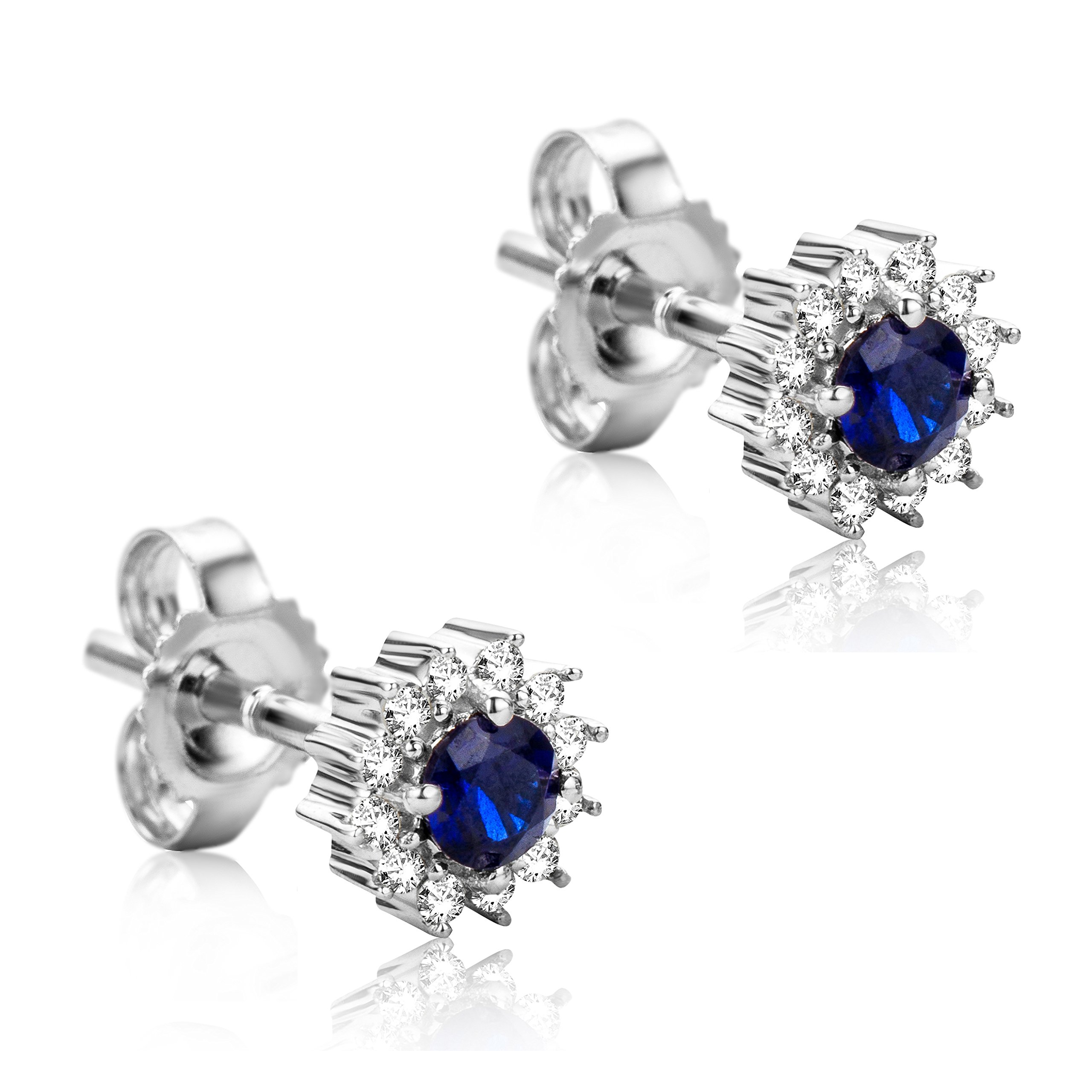 Orovi Flower White Gold Earrings for Women with Diamonds and Sapphires in 9 Carat Gold, Hypoallergenic Earrings - Handmade studs with jewellery box