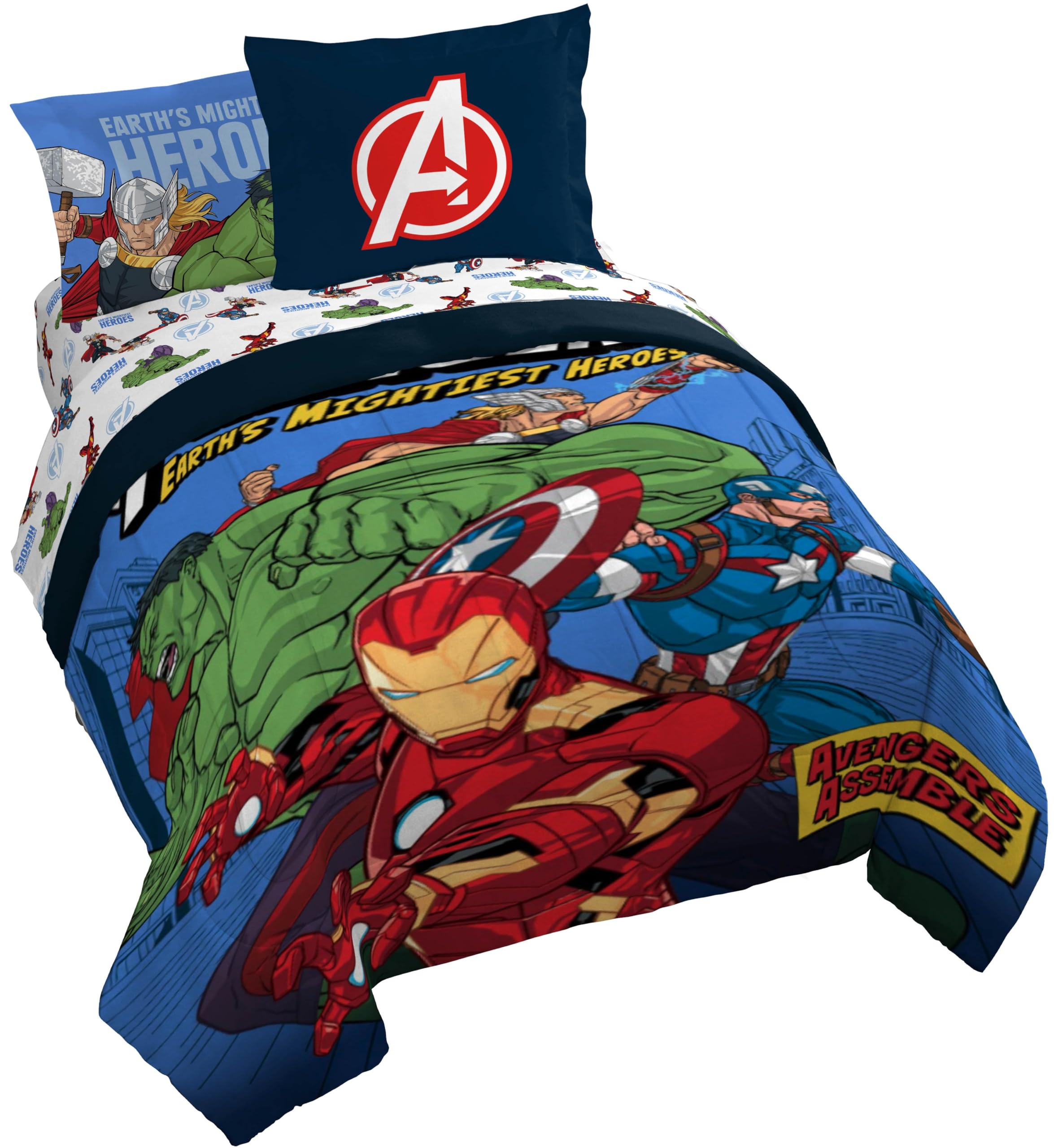 Jay Franco Kids Comforter Set Includes Sheets and Pillow Covers - Soft and Cozy Bed Set for Stylish Room Decor, Official Licensed Bedding, Blue - Avengers, 7 Piece Queen Image