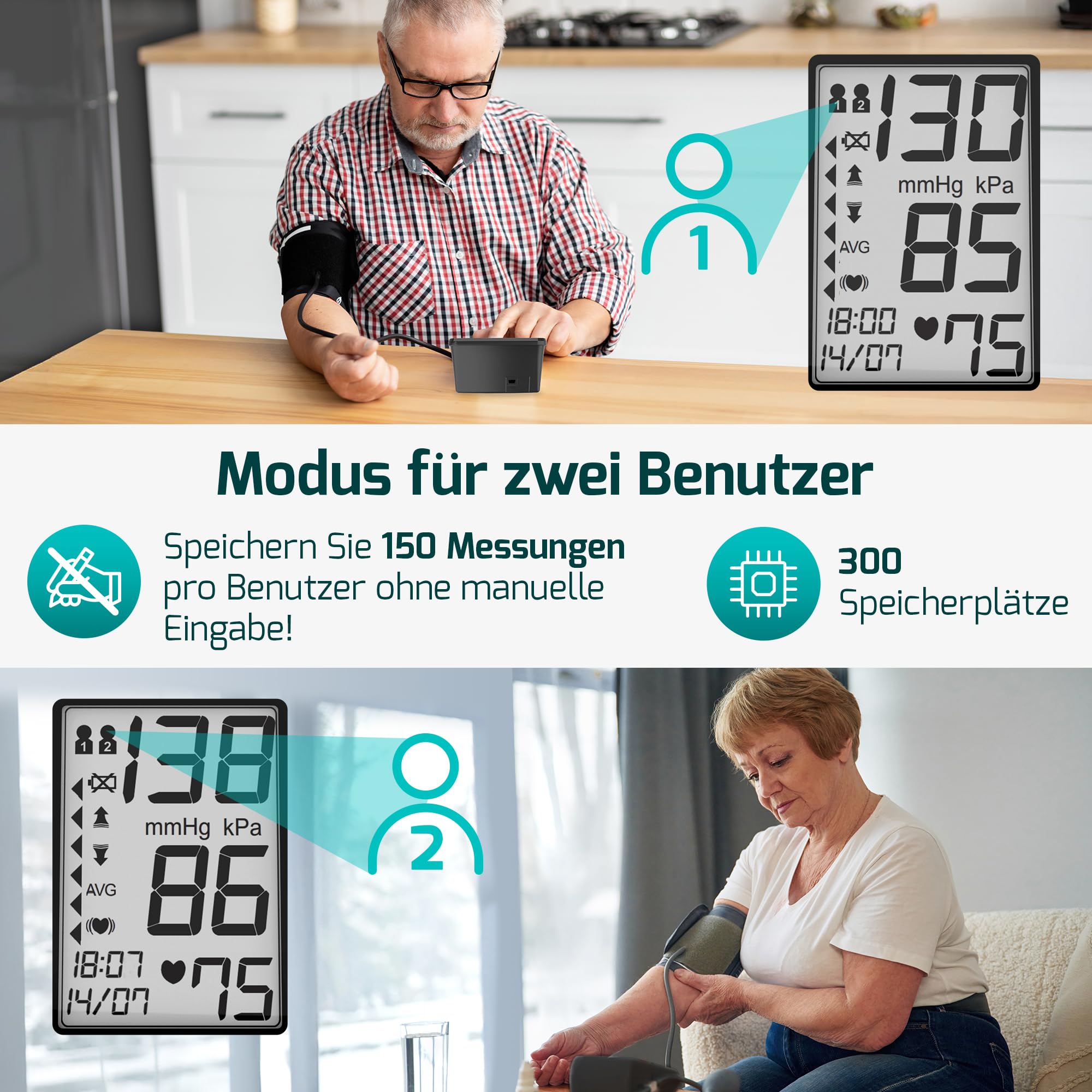 FITAGE Blutdruckmessgerät Oberarm Digital Blutdruck-Messgerät und Pulsmesser mit Speicherfunktion Manschettensitzkontrolle für Oberarmumfänge von 22-42 cm, Arrhythmie-Erkennung Blood Pressure Monitor 5