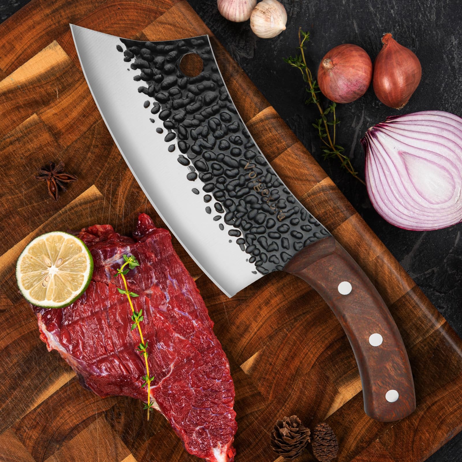 3-Piece Butcher Chef Knife and Viking Meat Cleaver High Carbon Steel Paring Knives with Sheath for Cooking, Chopping, Outdoor Camping BBQ Gift Ideas for Men